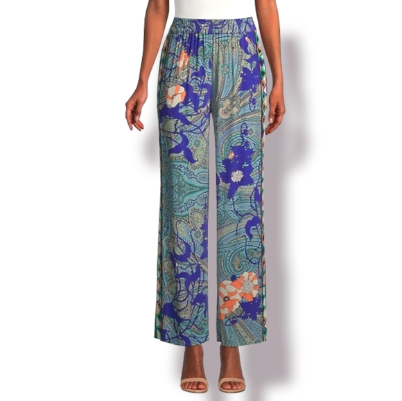 Kobi Halperin Arlene Floral Paisley Blue Green Designer Wide Leg Artsy Pants, XL - Picture 3 of 8